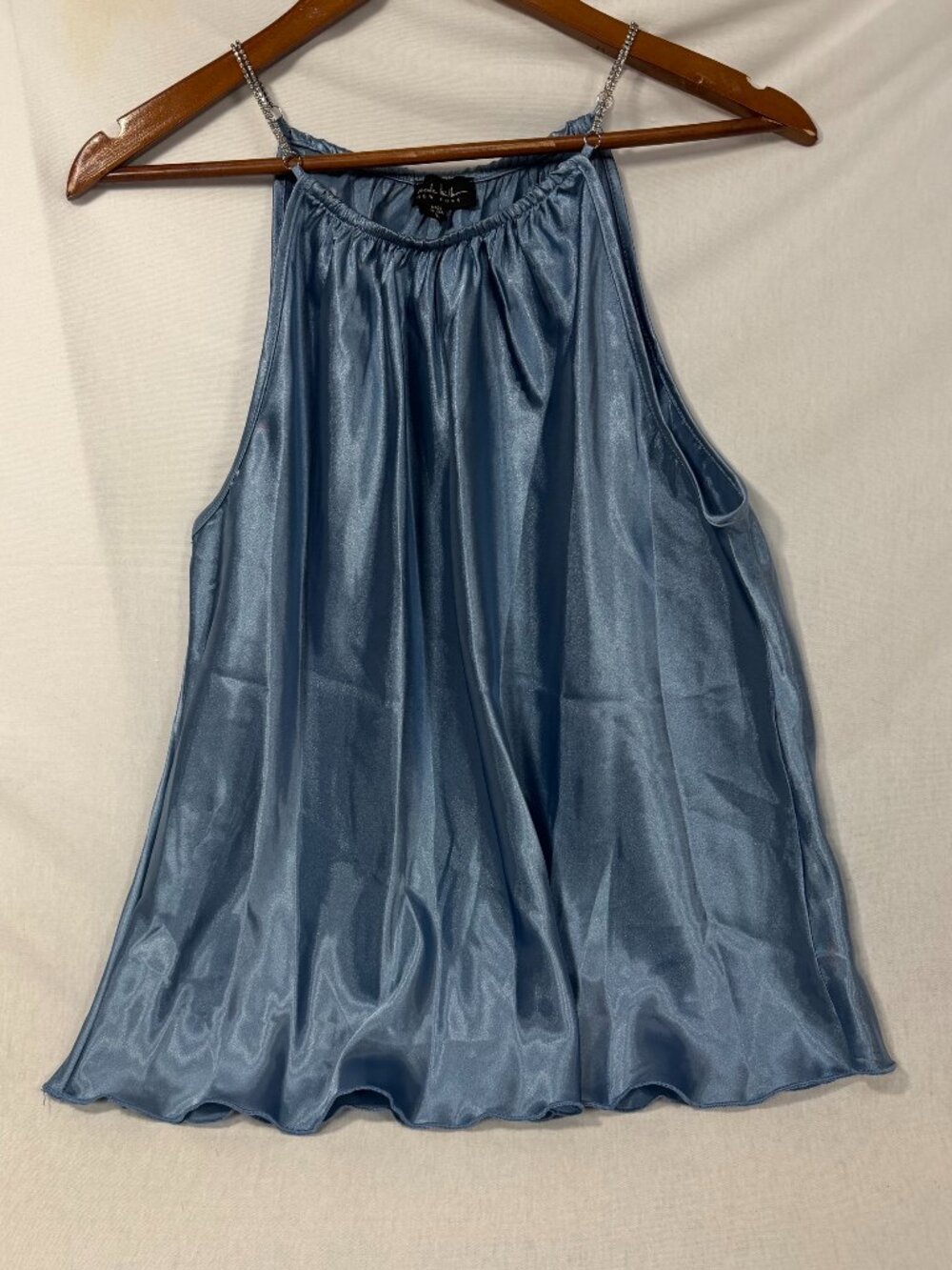 Nicole Miller Blouse L Blue Satin Halter Tank Top Rhinestone Chain Strap Party